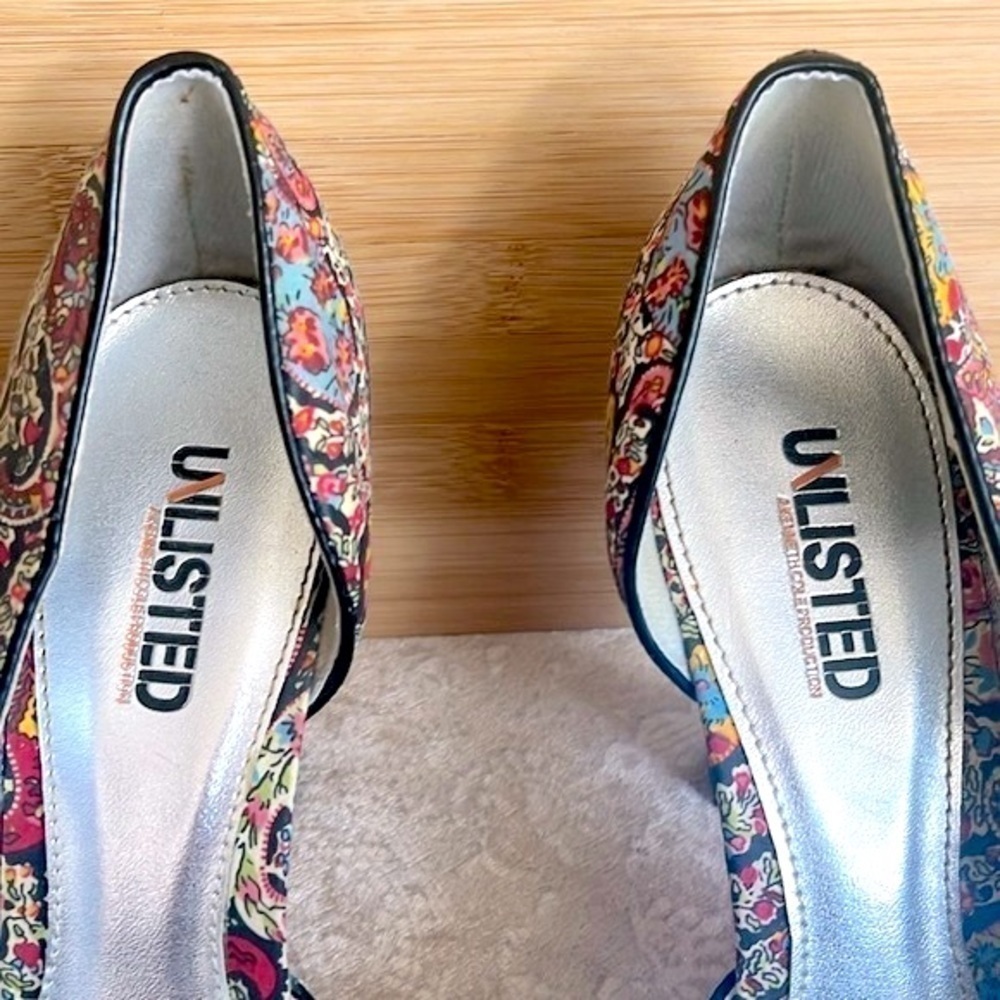 Unlisted Kenneth Cole Paisley Print Cork Heels Peep Toe Pumps Bows Leather Sole - Picture 4 of 15
